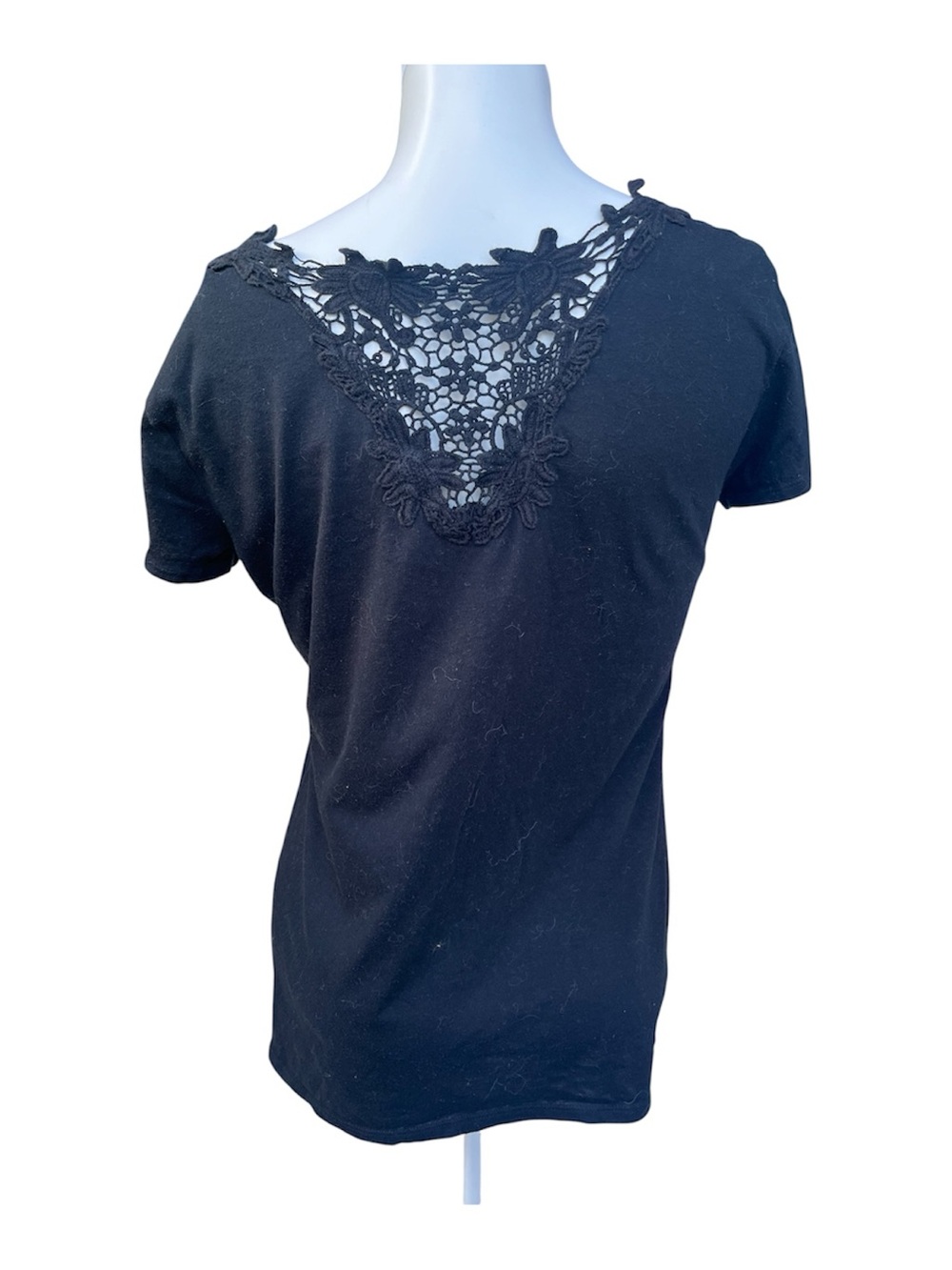 Black Lace Detail Scoop Neck T Shirt Short Sleeve Women’s Size M